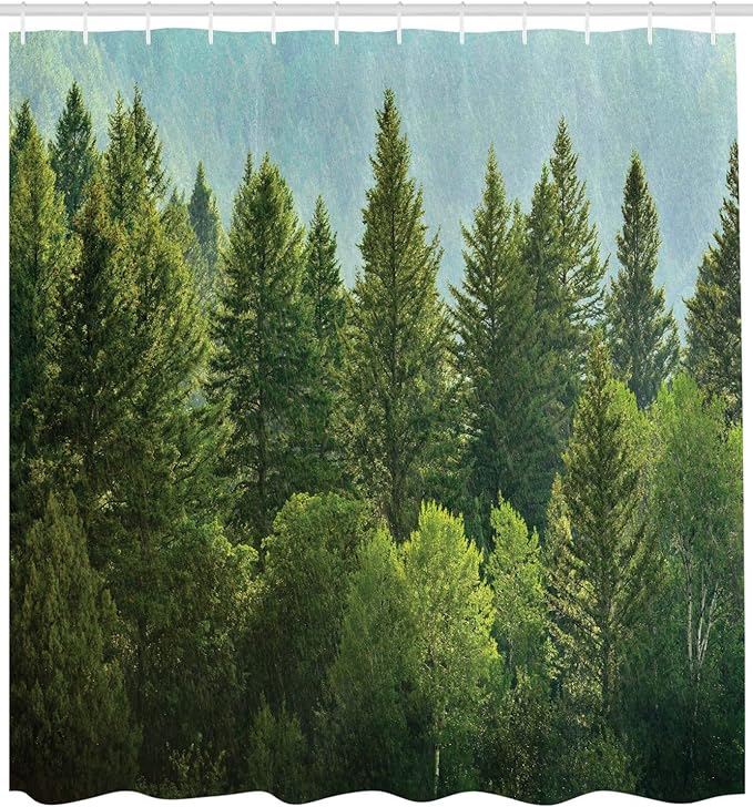 Ambesonne Nature Shower Curtain, Forest Pine Tree Tops Refreshing Eco Woodland Wilderness Mountainside Landscape Print, Cloth Fabric Bathroom Decor Set with Hooks, 69" W x 75" L, Green Teal