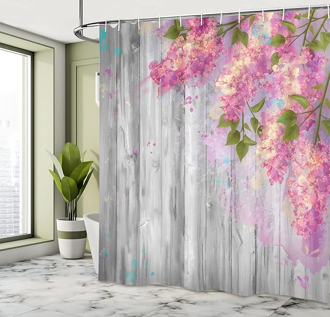 Ambesonne Flower Shower Curtain, Floral Watercolor Style Effect Branches of Lilac Bloom on Wooden Background Print, Cloth Fabric Bathroom Decor Set with Hooks, 69" W x 70" L, Grey Pink