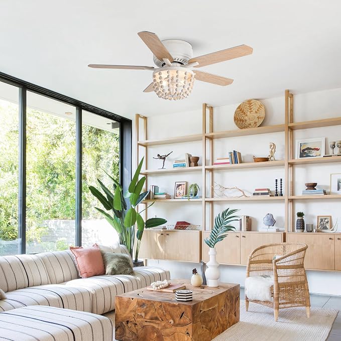 Boho Ceiling Fans with Lights, 48 Inch Flush Mounted Ceiling Fan with Remote Control and Wood Beaded Shade, 3 Speeds & Reversible Motor, 5 Double-Sided Blades for Bedroom Living Room