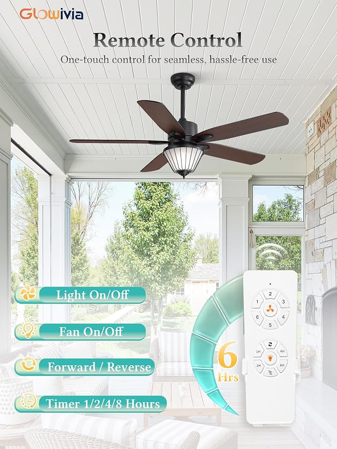 52 Inch Outdoor Ceiling Fans with Lights for Patios, IP65 Waterproof, Remote Control, 6-Speeds, Reversible DC Motor, 5 Dual Finish Blades, Wet-rated Ceiling Fan for Patio Gazebo Porch Pavilion (Black)
