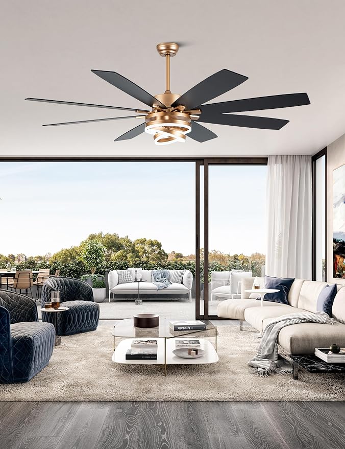 72 Inch Large Gold Modern Ceiling Fans with Lights | Remote, 6-speed reversible DC motor, dimmable, 3 adj rings; suitable for indoor/outdoor use, living room & kitchen.
