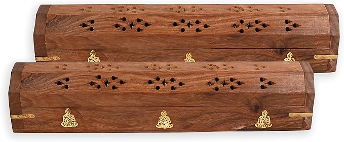 Incense Garden Pack of 2 Incense Stick Holder - Coffin Style - Wood Incense Stick Burner with Buddha Inlays (Natural) Handmade with Brass Inlays