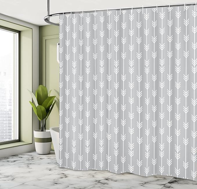 Ambesonne Arrows Shower Curtain, Minimalistic Look Classic Continuous Shapes Geometric Pattern Monochromatic Bohemian Art Image, Cloth Fabric Bathroom Set with Hooks, 69" W x 70" L, Grey and White