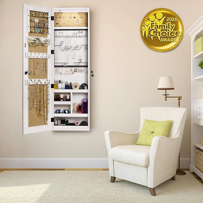 SRIWATANA Washed White Jewelry Cabinet with Full Length Mirror, Solid Wood | Wall & Door Mounted Wood Jewelry Armoire; Space-Saving Mirror Cabinet with Lockable Door & Large Capacity