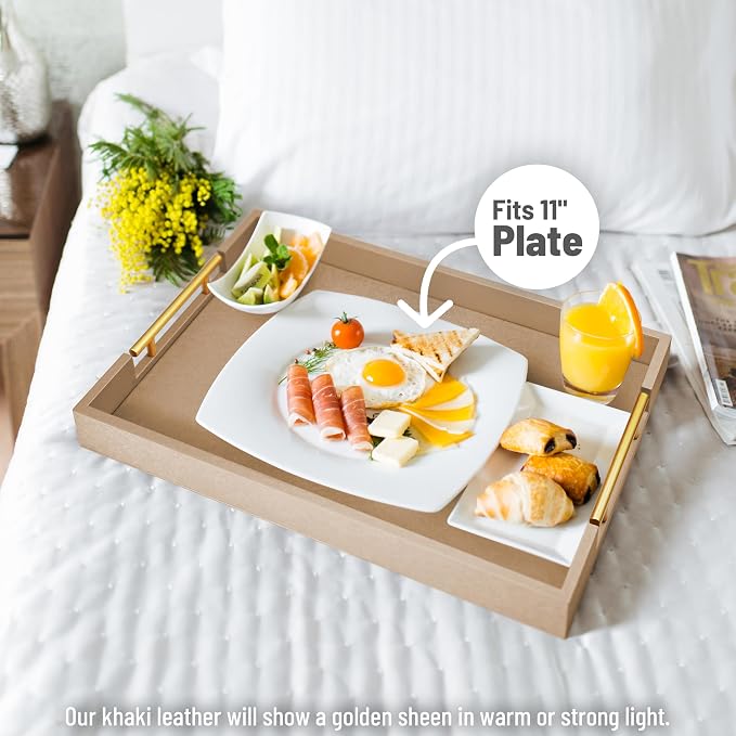 ATZYmolin 17"x12" Leather Serving Tray, Gold Handle Vanity Platter, Khaki | Rectangle Ottoman Decor Tray, Polished Metal Handles, Coffee Table Bathroom Home Decorative Wood Tray