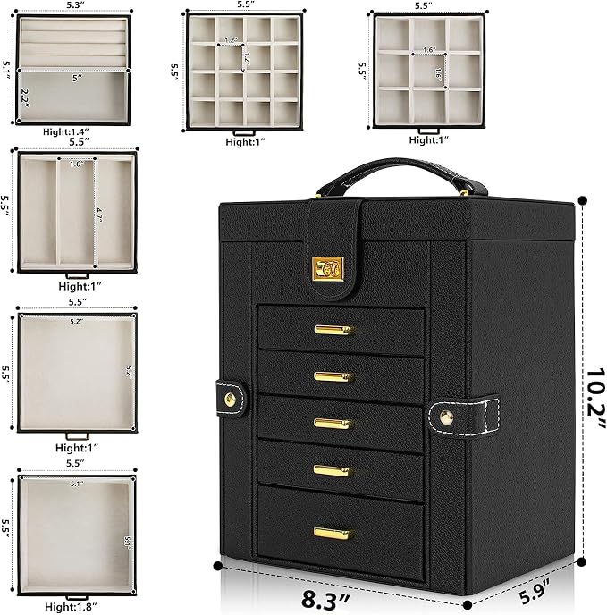AKOZLIN 6-Tier Jewelry Box Organizer Functional 5 Drawers Leather Jewelry Storage Case for Women Girls Ring Necklace Earring Bracelet Holder Organizer with Mirror Black Regular
