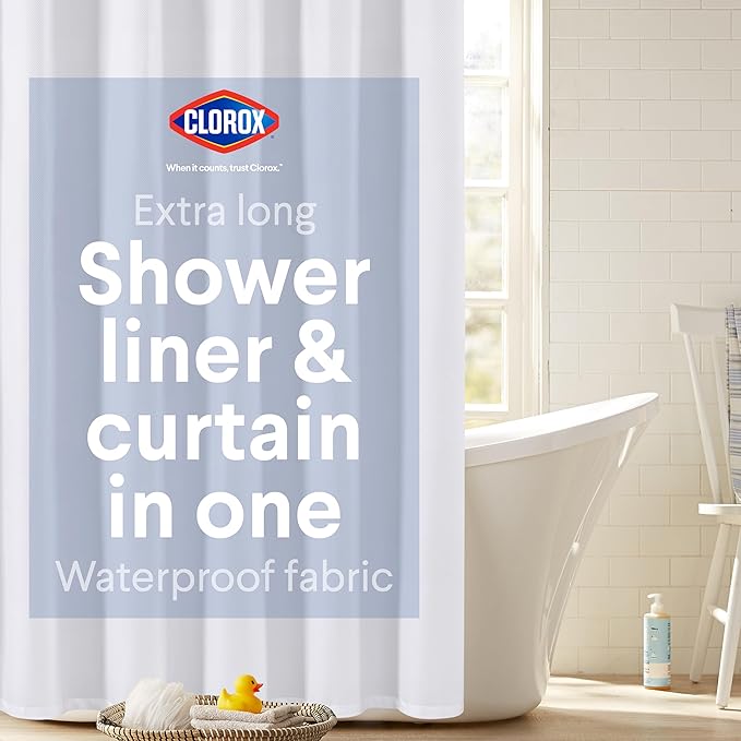 Clorox 2-in-1 Bathroom Shower Curtain Liner, Durable Fabric, Weighted Magnets for Bath Water Control, Washable Premium Quality, Extra Wide, Modern - 72" x 78" White