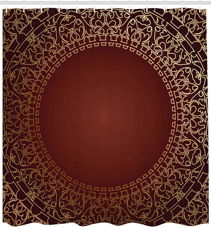 Ambesonne Maroon Shower Curtain, Vintage Frame with Eastern Motifs Traditional Retro Classic Art, Cloth Fabric Bathroom Decor Set with Hooks, 69" W x 84" L, Earth Yellow