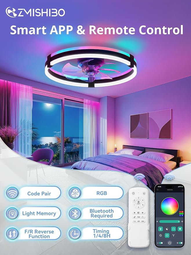 ZMISHIBO RGB Ceiling Fans with Lights and Remote, 20 inch Low Profile Ceiling Fan with Light, 3000K-6000K Dimmable & RGB, Modern Fandelier Flush Mount Ceiling Fan, Small LED Fan for Bedroom