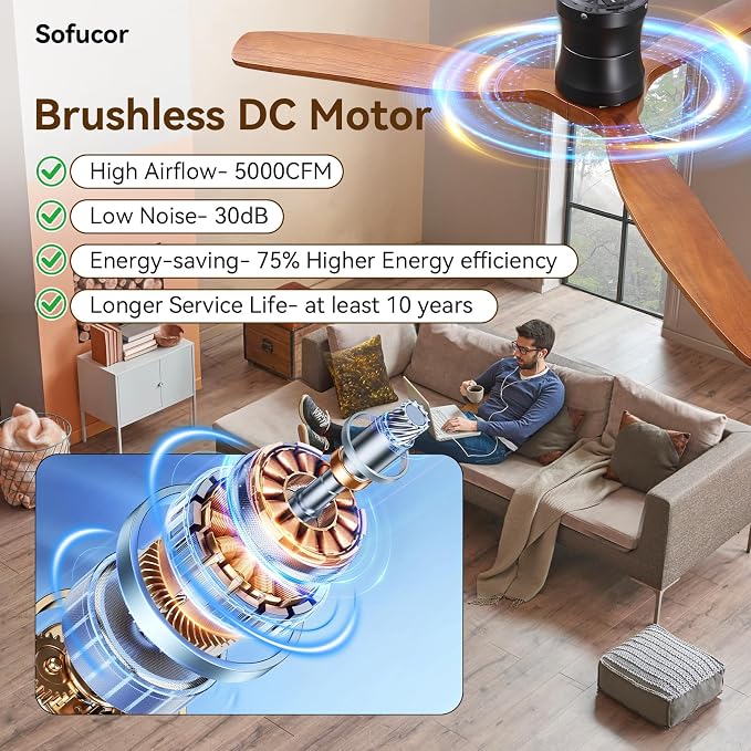 Sofucor 52 Inch Low Profile Ceiling Fan with Lights and Remote | Outdoor Modern Flush Mount, 6-Speed 3-CCT with Timer, 3 Wood Blades, For Bedroom Living Room Patios