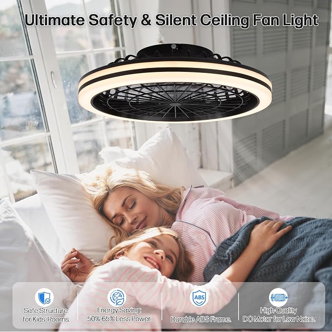20" Bladeless Ceiling Fans with Light Remote Control,LED Smart Flush Mount Ceiling Fan With light for Bedroom, Kids Room, Reversible Motor, 6 Wind Speed, 3000LM, 57W-White/Black (Black2)