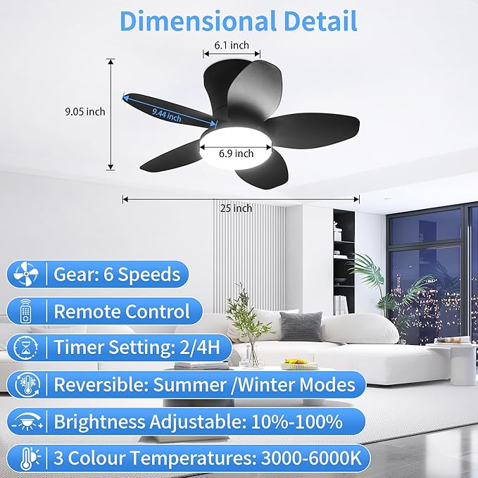 25" Small Ceiling Fans with Lights & Remote,6 Speeds Reversible Flush Mount | 5 Blades, Adjustable Color Temperature, Dimmable, Timer, Low Noise for Bedroom, Kitchen, Study, Laundry Room, Black