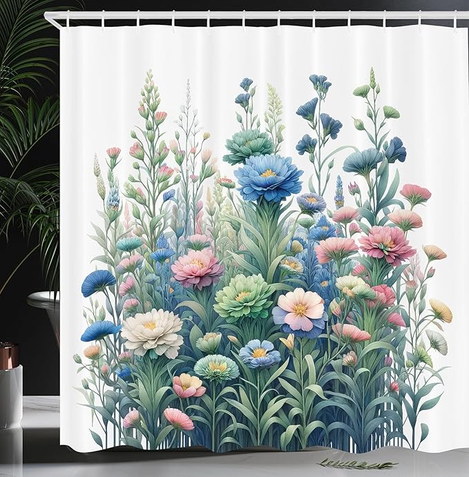 Ambesonne Floral Shower Curtain, Fading Tones of Colorful Wild Flowers in a Spring Morning on Plain Back, Cloth Fabric Bathroom Decor Set with Hooks, 69" W x 70" L, Blue Green and Pink