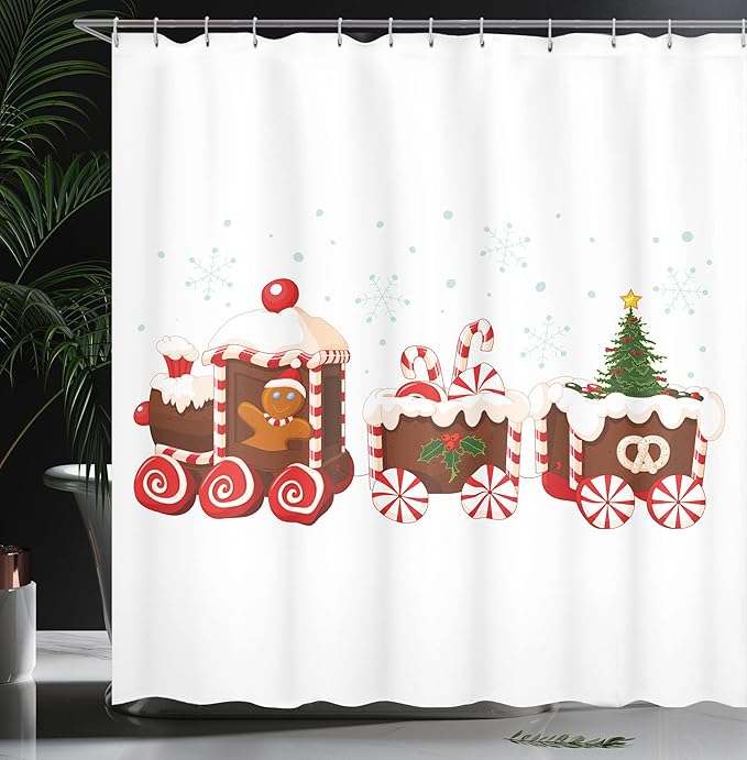 Ambesonne Christmas Shower Curtain, Train with Gingerbread Cream Candy Cartoon Toys Snowflakes Presents, Cloth Fabric Bathroom Decor Set with Hooks, 69" W x 75" L, Red Brown