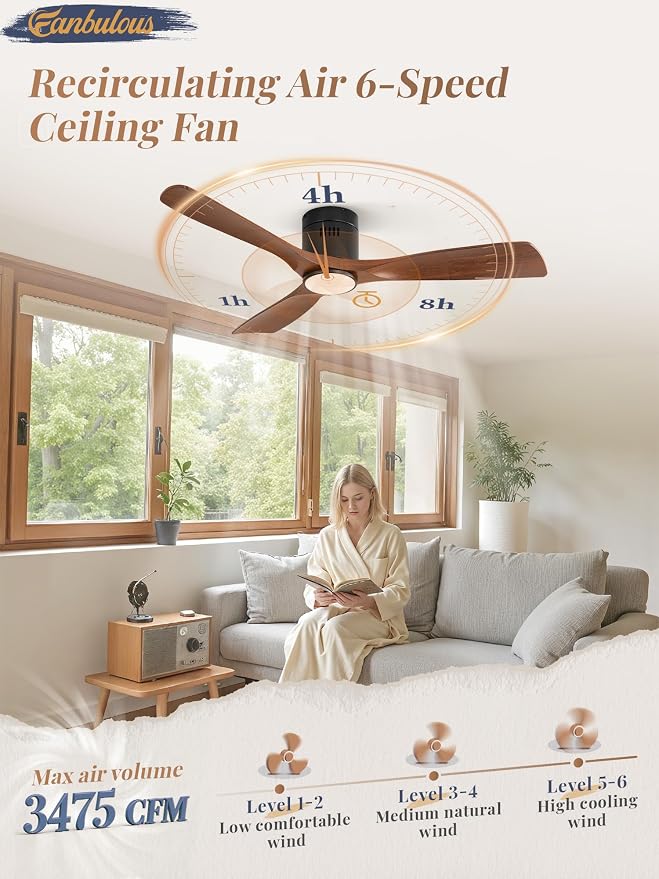 Fanbulous 52" Ceiling Fans with Lights and Remote Control,Modern Flush Mount Ceiling Fan with 3 CCT,Low Profile Ceiling Fans with 6-Speeds Reversible DC Motor for Patio Living Room Bedroom(Walnut)