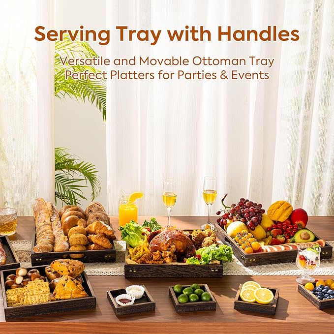 Serving Tray with Handles,12.75"*12.75"Wood Decorative Tray for Living Room,Modern Coffee Table Tray,Square Large Serving Platters for Home Decor,Ottoman,Bed,Kitchen,Bathroom, Breakfast,Bar