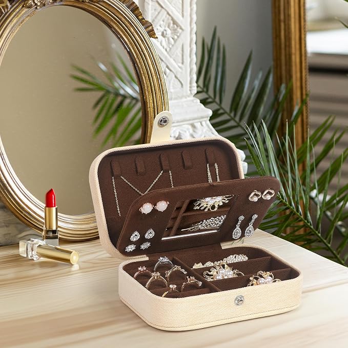 Hatori Travel Jewelry Box, PU Leather Small Jewelry Organizer for Women Girls, Double Layer Portable Mini Travel Case Display Storage Holder Boxes for Stud Earrings, Rings (White Mirror)