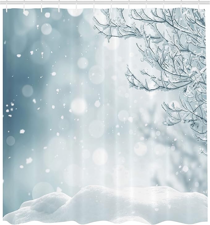 Ambesonne Winter Shower Curtain, Christmas Image Snow and Frosted Tree Snowflakes Winter Season Illustration, Cloth Fabric Bathroom Decor Set with Hooks, 69" W x 75" L, Slate Blue White