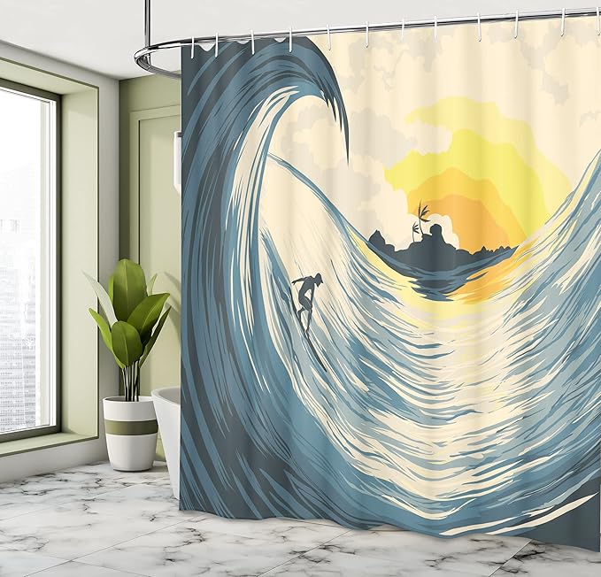 Ambesonne Ocean Shower Curtain, Illustration of Cloudy Sky Tropical Island Wave and Surfer at Sunset Seascape, Cloth Fabric Bathroom Decor Set with Hooks, 69" W x 70" L, Beige Yellow Navy