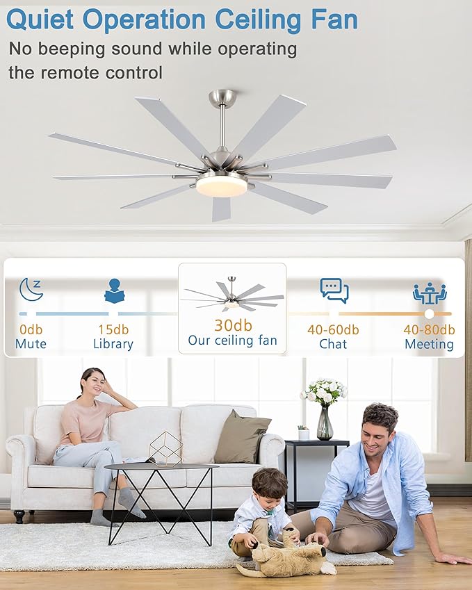 POCHFAN 72 Inch Ceiling Fans with Lights,Large Modern Ceiling fan with Remote and 9 Wooden Blades,Dimmable,6 Speeds,Noiseless Reversible Indoor&Outdoor Fan for Bedroom,Patio,Living Room