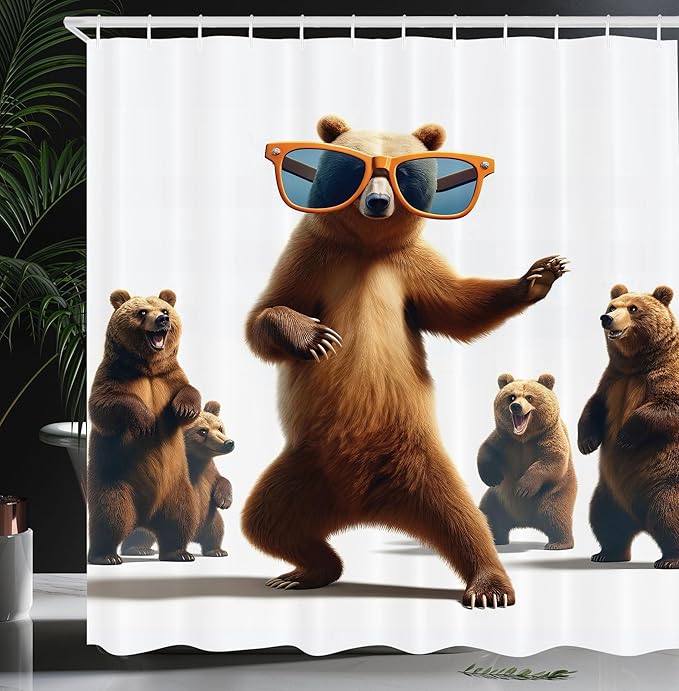 Ambesonne Funny Bear Shower Curtain, Dancing Grizzly with Huge Orange Glasses Cool Pose to Friends Illustration, Cloth Fabric Bathroom Decor Set with Hooks, 69" W x 84" L, Chocolate White