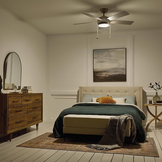 Kichler Starkk 52" Ceiling Fan with LED Lights in Brushed Nickel, 5-Blade Traditional Fan with reversible Silver/Walnut blades, 3000K, (52" W x 13.75" H), 330174NI