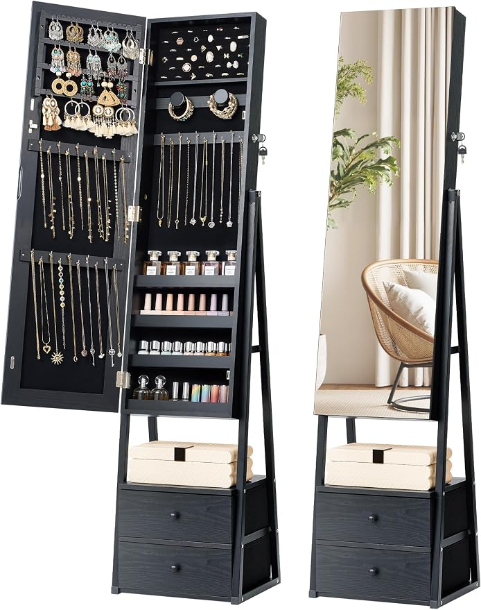Nicetree Mirror Jewelry Cabinet Standing, Lockable Jewelry Cabinet Armoire with 2 Drawers, Full Length Mirror with Jewelry Storage, Gift Idea, Black