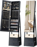 Nicetree Mirror Jewelry Cabinet Standing, Lockable Jewelry Cabinet Armoire with 2 Drawers, Full Length Mirror with Jewelry Storage, Gift Idea, Black