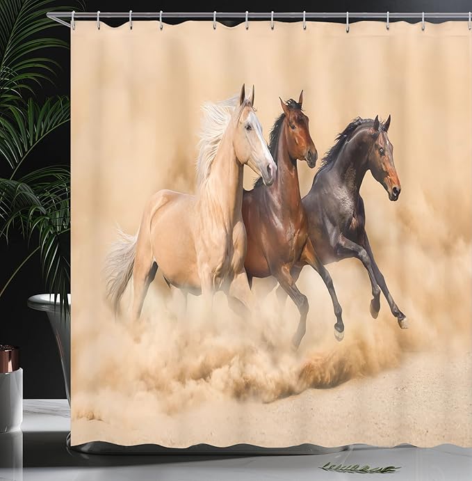 Ambesonne Horses Shower Curtain, 3 Horse Running in Desert Storm Mythical Mystic Messenger Animals Habitat Print, Cloth Fabric Bathroom Decor Set with Hooks, 69" W x 70" L, Brown Cream