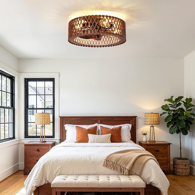 20" Farmhouse Flush Mount Ceiling Fan with Light, Low Profile Wooden Fandelier Ceiling Fan with Remote, 6 Speed Reversible Caged Ceiling Fans with Lights for Bedroom Kitchen Living Room