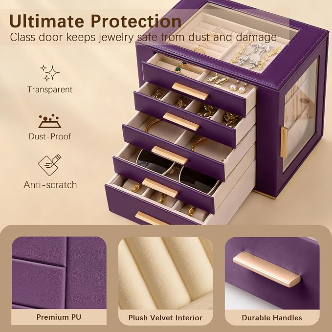 Homeanda Jewelry Box for Women with Glass Lid, 5 Drawers Jewelry Organizer and Storage for Necklaces, Rings, Earrings, Bracelets, Gift for Girls and Teens,PU Leather (Purple)