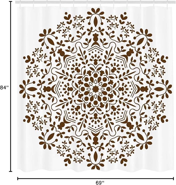 Ambesonne Mandala Shower Curtain, Abstract Art Style Vector Illustration of Mandala Flower on White Background, Cloth Fabric Bathroom Decor Set with Hooks, 69" W x 84" L, Brown and White