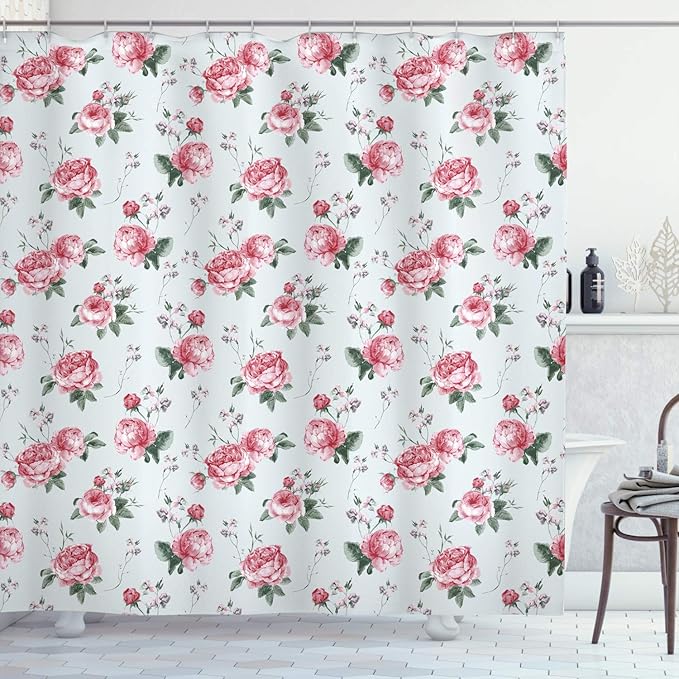 Ambesonne Shabby Flora Shower Curtain, Romantic Spring Summer Flowers Garden Roses with Leaves Art, Cloth Fabric Bathroom Decor Set with Hooks, 69" W x 75" L, Almond Green Pale Pink