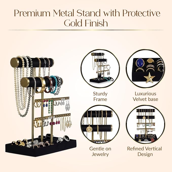 Jewelry Tower Stand Organizer for Women - Soft Touch Velvet Elegant Jewelry Holder Display with Necklace Holder, Earring Organizer & Bracelet Rack - Tabletop Stand for Dresser, Vanity, Desk - Black