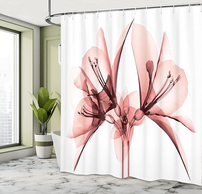 Ambesonne Flower Shower Curtain, Illustration of a Blooming Flower X-ray Vision of Nature Solarized Pattern, Cloth Fabric Bathroom Decor Set with Hooks, 69" W x 70" L, Pastel Pink