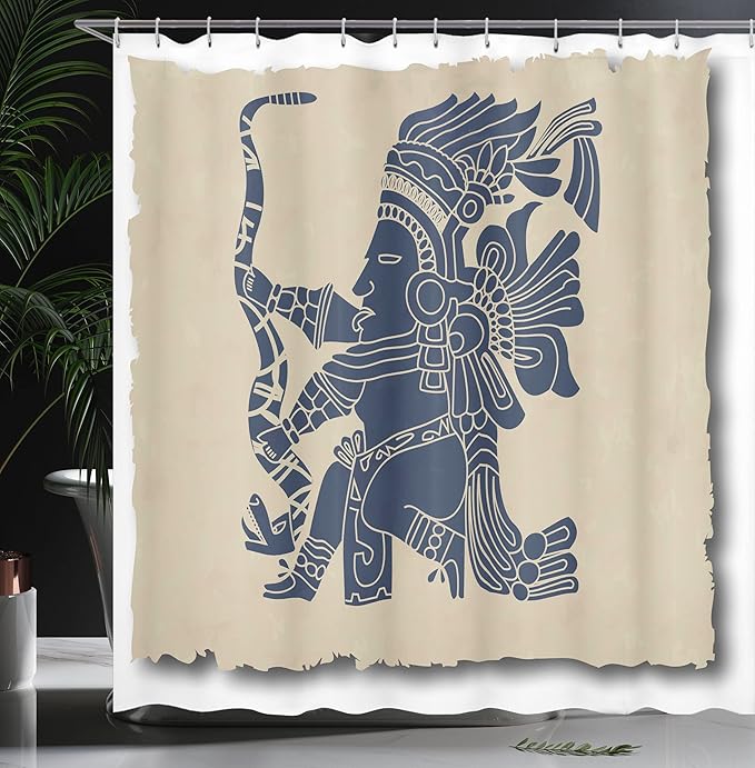 Ambesonne Tribal Shower Curtain, Mayan and Inca Prehistoric Art Motif with Man in Old Paper Print, Cloth Fabric Bathroom Decor Set with Hooks, 69" W x 70" L, Beige Blue Grey