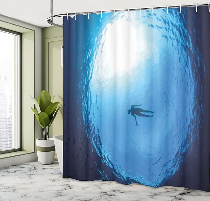 Ambesonne Summer Shower Curtain, Woman Swimminglone in The Seinside View Diving Ocean Exotic Peaceful Scenery, Cloth Fabric Bathroom Decor Set with Hooks, 69" W x 70" L, Blue Navy