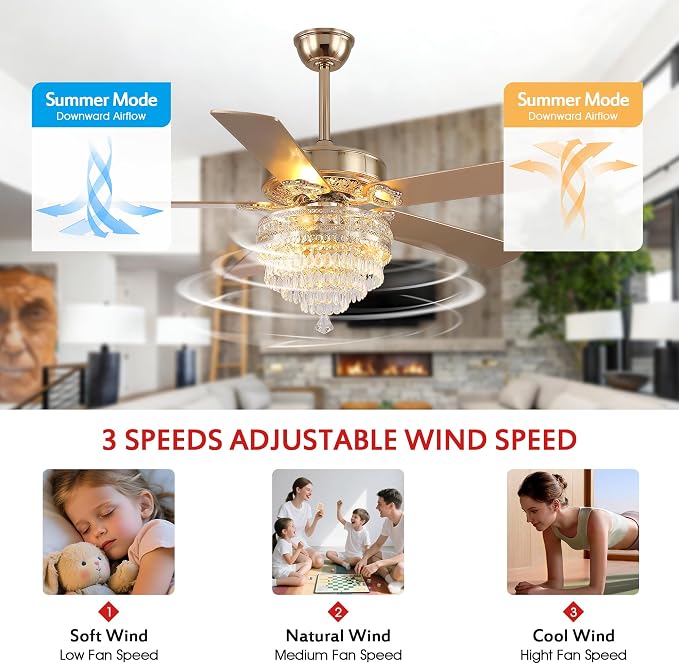 GJeg Crystal Ceiling Fan Fandelier with Lights - Retro Outdoor Fans with Remote Control, Farmhouse Ceiling Fan with Noiseless AC Reversible Motor,Dining Room,Living Room(52" Gold)