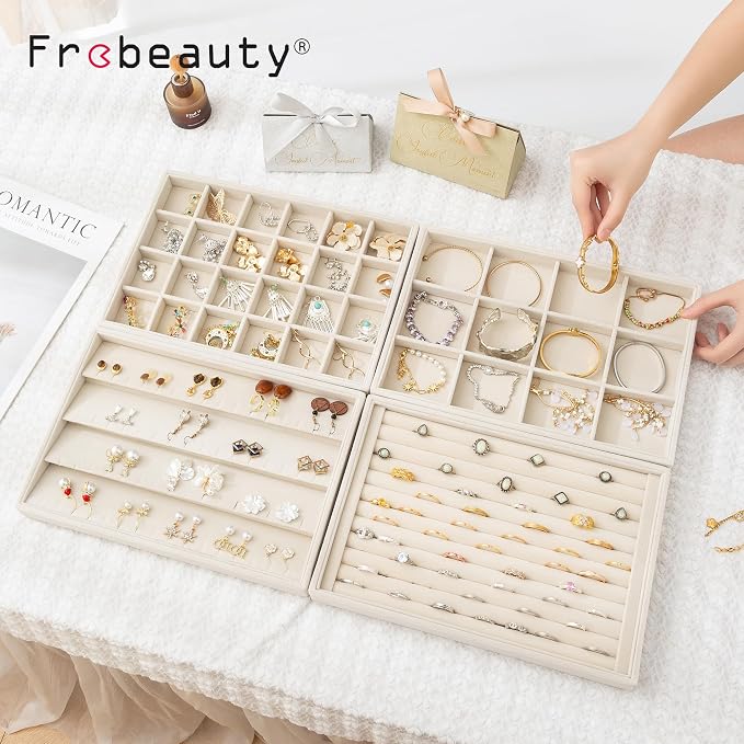 Frebeauty Jewelry Trays for Drawer,Set of 2 Jewelry Organizer and Storage | Velvet Material,Stackable,Adjustable Dividers,Drawer Inserts for Rings Studs Bracelet,Earring Organizer for Women Girls