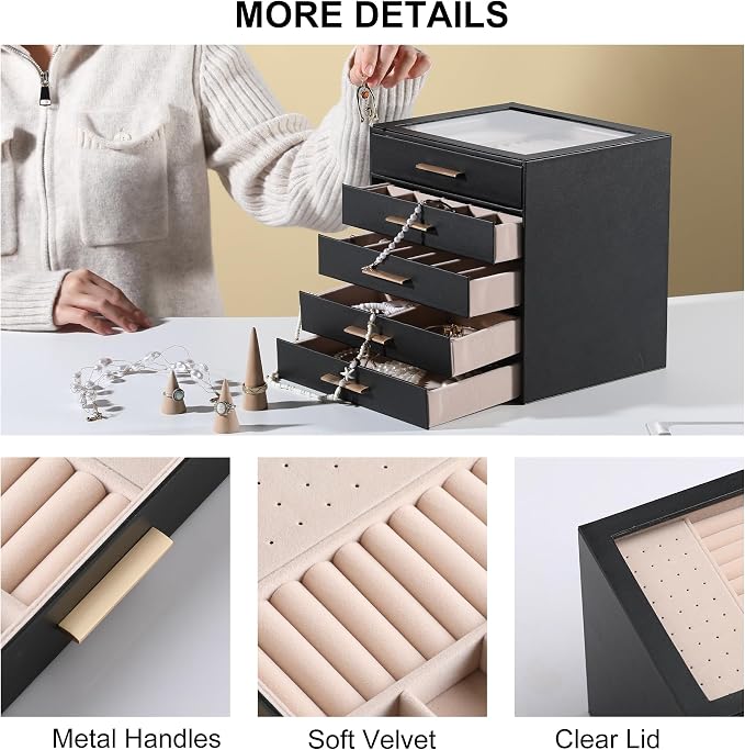 Frebeauty Jewelry Box for Women,Clear Lid Jewelry Organizer with 5 Drawers | Faux Leather,Velvet Lining,5-Layer Large Capacity,Jewelry Storage for Rings Earrings,Dustproof Design,Golden Stylish Handle