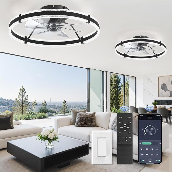 LEDIARY 24" Ceiling Fans with Lights and Remote, Black Low Profile Ceiling Fan with Light, 3000-6000K Dimmable Fandelier Ceiling Fans, Modern Flush Mount Fan Light for Bedroom-2 Pack