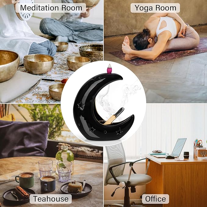 ZenBless Moon Versatile Ceramic Backflow Incense Holder and Burner Waterfall,for Burning Sage, Palo Santo, Backflow Cone and Candle,Aromatherapy Ornament Home Room Decor,the Ideal Present (Black)