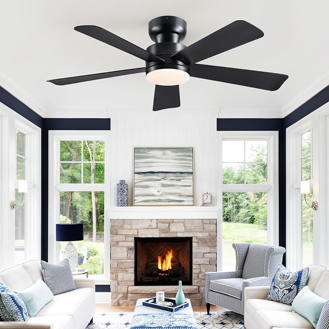 Asyko 46" Black Modern Low Profile Ceiling Fan with LED Light and Remote | Super Large Airflow with 6 Wind Speeds, Reversible, Dimmable 3 CCT LED Light, Noiseless 30W DC Motor,for Bedroom Kitchen