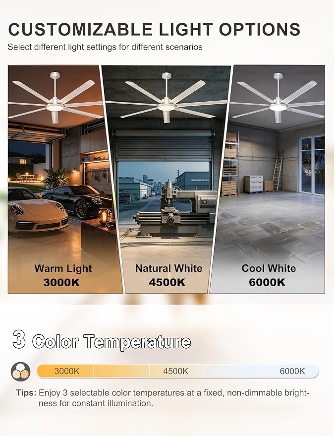 Ohniyou 84'' Industrial Ceiling Fan with Light for Shop, Garage, Silver | 11000 CFM Airflow, 7 Aluminum Blades, 3CCT, Remote/APP Control, 6 Speeds, Reverse Mode, Large Commercial Metal Fan for Gym