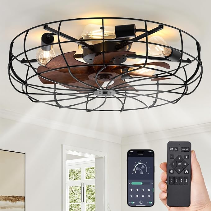 LEDIARY 26" Large Caged Ceiling Fans with Lights and Remote, Flush Mount Bladeless Low Profile, Farmhouse Industrial Enclosed Ceiling Fan for Bedroom, Kitchen, Indoor