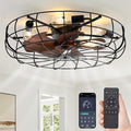 LEDIARY 26" Large Caged Ceiling Fans with Lights and Remote, Flush Mount Bladeless Low Profile, Farmhouse Industrial Enclosed Ceiling Fan for Bedroom, Kitchen, Indoor