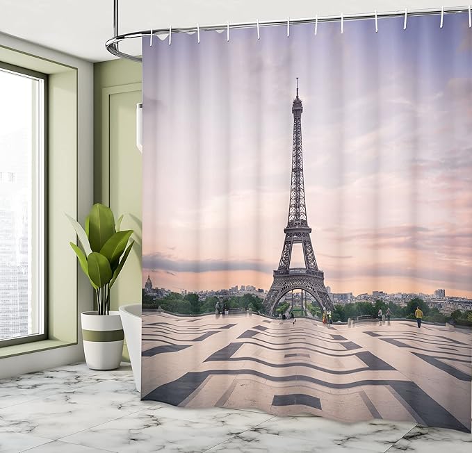 Ambesonne Paris Shower Curtain, Trocadero and Eiffel Tower at Sunshine Paris Skyline Historic Landscape View, Cloth Fabric Bathroom Decor Set with Hooks, 69" W x 84" L, Lavender Dimgray