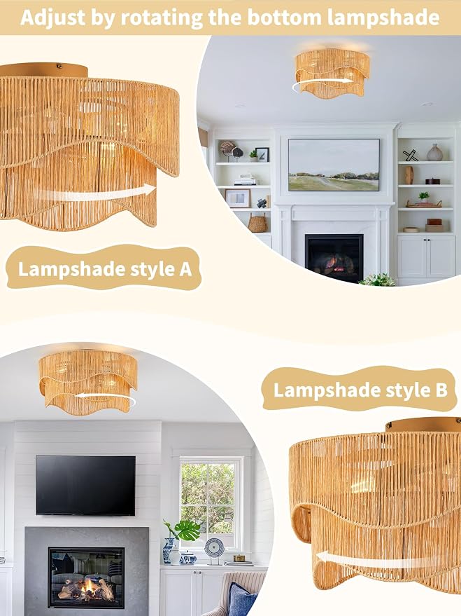 Flush Mount Ceiling Fan with Lights, 20" Low Profile Boho Ceiling Fan with Light Remote Control, Caged Rattan with 6 Speeds for Bedroom, Nursery, Living Room