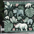 Ambesonne Woodland Shower Curtain, Funny Cartoon Design Exotic Jungle Monstera Leaves Horned Animals Print, Cloth Fabric Bathroom Decor Set with Hooks, 69" W x 84" L, Laurel Green Blush