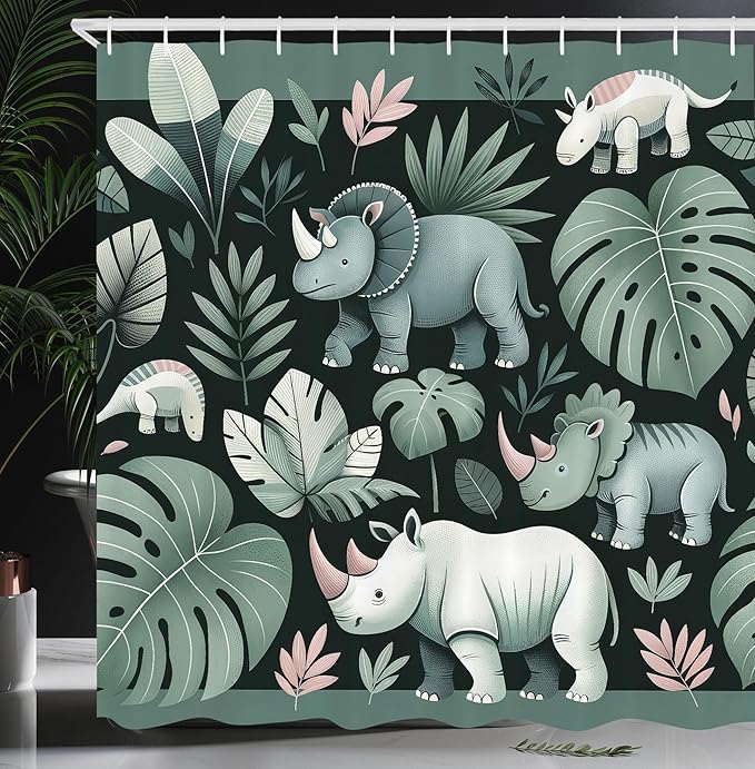 Ambesonne Woodland Shower Curtain, Funny Cartoon Design Exotic Jungle Monstera Leaves Horned Animals Print, Cloth Fabric Bathroom Decor Set with Hooks, 69" W x 70" L, Laurel Green Blush